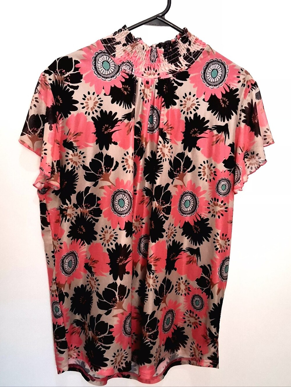 Two 2 Fly Smocked-Neck Floral Flutter Sleeve Blouse Size Large